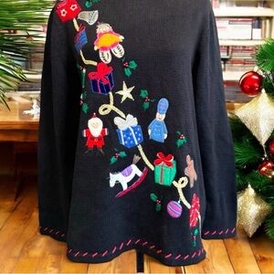 Vintage Basic Editions Black Sweater with Festive Embroidery